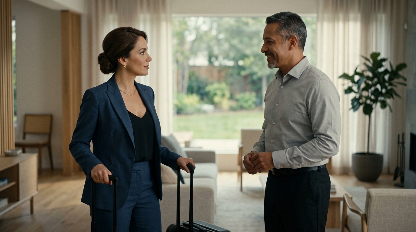 Wife holding suitcase talking Hu… 202606111838