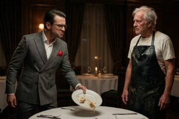 Un humilde anciano con delantal mojado recoge platos rotos en un restaurante mientras un crítico gastronómico lo humilla.